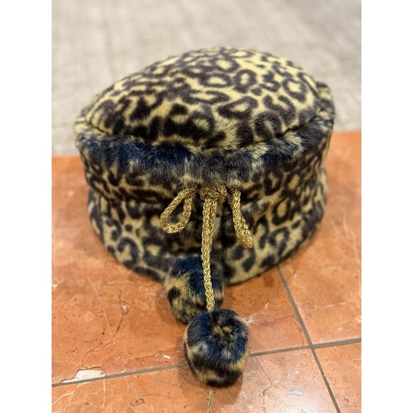 DONNA VINCI COUTURE 100% WOOL FELT FUR USA BROWN TAN LEOPARD PRINT HAT POMS EUC